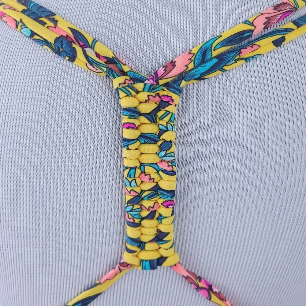 Shade & Shore Yellow Floral Bikini Size 34D Braided Racerback Detail Swimsuit